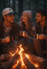 embroidered outdoor hat with duck on it on man sitting around fire