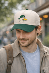 embroidered outdoor hat with duck on it on a man